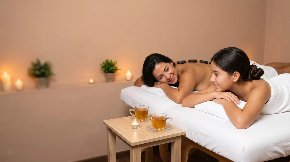 Mamá e hija sonriendo en las camillas de masaje de Radiance, con dos tazas de té