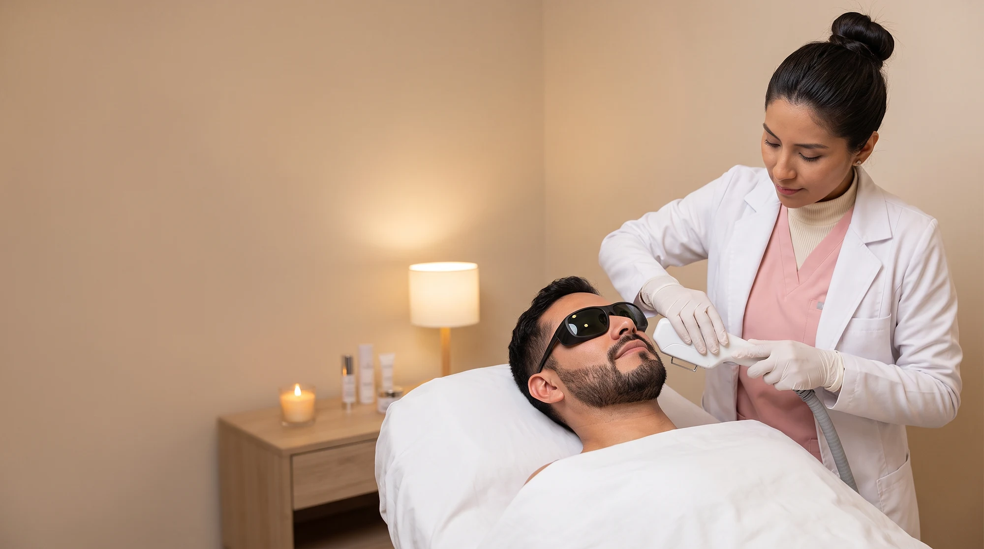 Especialista aplicando depilación láser en la barba de un hombre con lentes de protección
